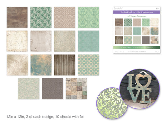 Cardstock: 12"x12" Foil Themed Stack Pad x30 (15 Designs) 230GSM D) Soft Vintage