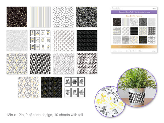 Cardstock: 12"x12" Foil Themed Stack Pad x30 (15 Designs) 230GSM C) Black & Gold