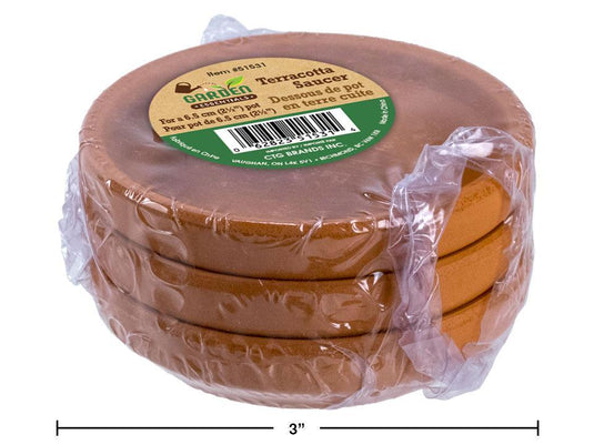 Garden E. 3pk Terracotta Saucers, for 2 .5" Pots, colour label.