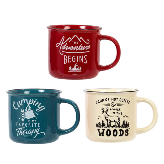 Camping 12oz. Colour Glazed Ceramic Mug, 3asst