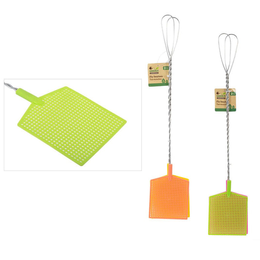 Garden E. 2pcs Fly Swatters w/Metal Handles, 4asst. Cols., 21"L, cht