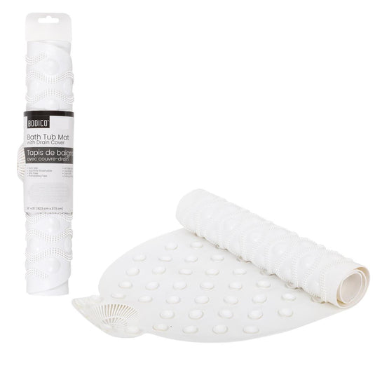 Bodico, WHITE Shower Mat, TPE, w drain cover, 92*37cm,wrap+hanger