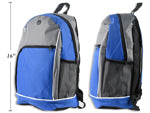BACKPACK POLYESTER 30X17.5X44.5CM ASST COLOURS 2 ZIPPERS + 3 POCKETS PADDED SHOULDER STRAP