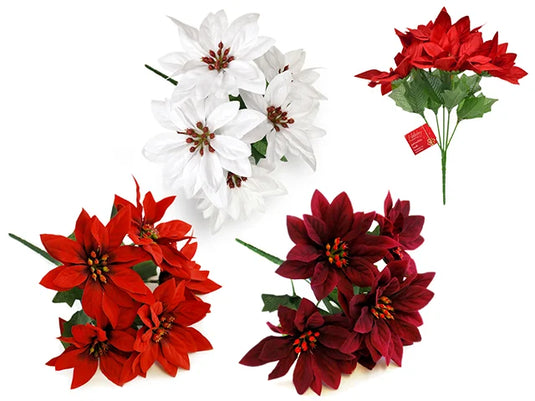 Seasonal Décor: 10" Poinsettia Bush 5-Head Soft-Touch Red x24/White x12/Burg x12