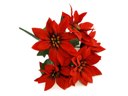 Seasonal Décor: 10" Poinsettia Bush 5-Head Soft-Touch Red x24/White x12/Burg x12