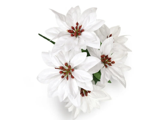 Seasonal Décor: 10" Poinsettia Bush 5-Head Soft-Touch Red x24/White x12/Burg x12