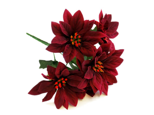 Seasonal Décor: 10" Poinsettia Bush 5-Head Soft-Touch Red x24/White x12/Burg x12