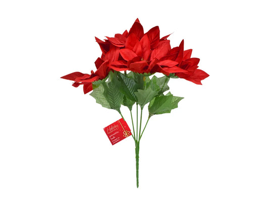 Seasonal Décor: 10" Poinsettia Bush 5-Head Soft-Touch Red x24/White x12/Burg x12