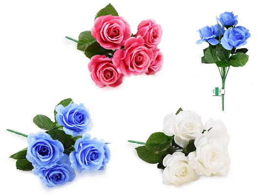 Enchanted Garden: 10.2" Open Rose Bush x5 Head w/Grass Asst 3 Styles B) Bloom Asst