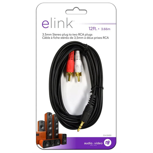 12 FT. ADAPTOR CABLE 3.5 MM STEREO PLUG TO TWO RCA PLUGS