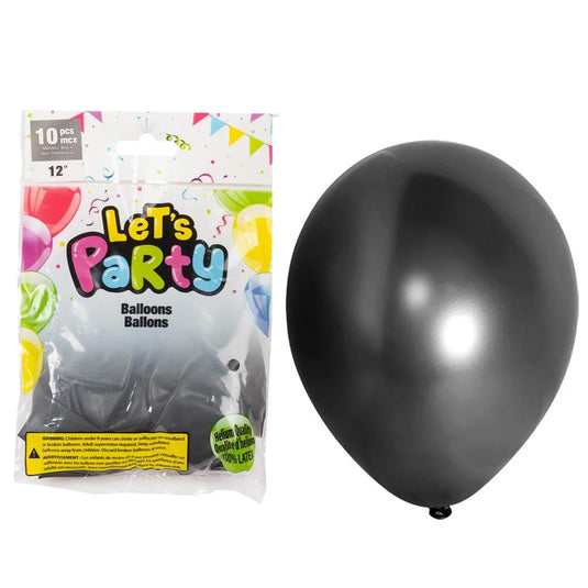 Let's Party 10pc 12" Balloons, Metallic Black, printed bag