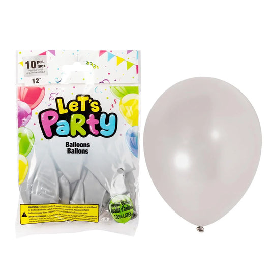 Let's Party 10pc 12" Balloons, Metallic Silver, printed bag