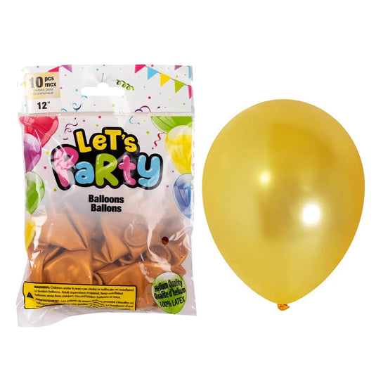 Let's Party 10pc 12" Balloons, Metallic Gold, printed bag