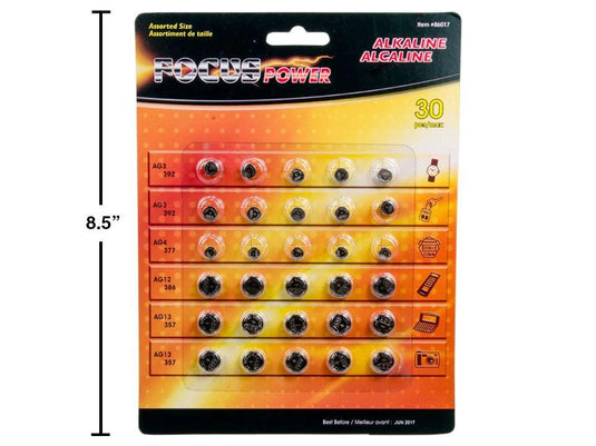 Focus Elect. 30-pc Button Batteries Alkaline, AG3/4/12/13, b/c