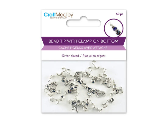 Jewelry Findings: Bead Tip w/Clamp-On Bottom x50 Silver-Plated Brass