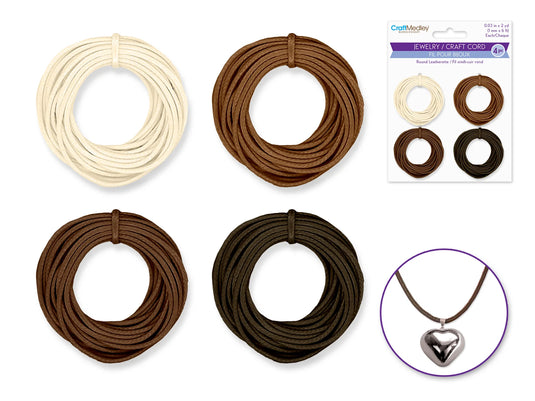 Jewelry/Craft Cord: 1mmx8yds Leatherette Round A) Natural Asst