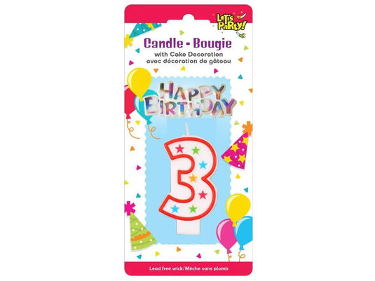 Let's Party #3 Birthday Candle set 8cmH, 6.5x3cm sign. b/c