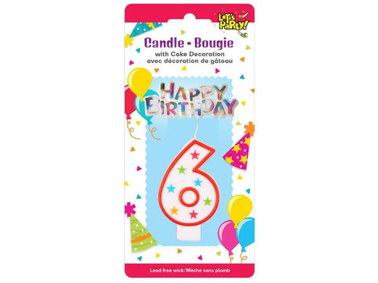 Let's Party #6 Birthday Candle set 8cmH, 6.5x3cm sign. b/c
