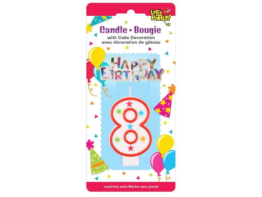 Let's Party #8 Birthday Candle set 8cmH, 6.5x3cm sign. b/c