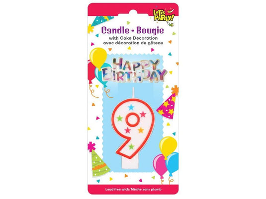 Let's Party #9 Birthday Candle set 8cmH, 6.5x3cm sign. b/c