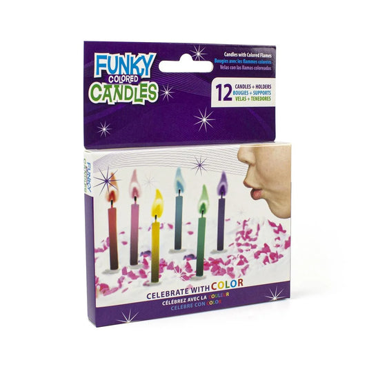 12-pcs Funky Colored Flame Candles w Holders, color box