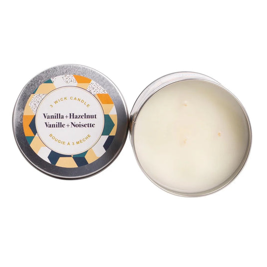 KG 3-Wick Tin Vanilla & Hazelnut Paraffin/Soy Blend Candle (Az)