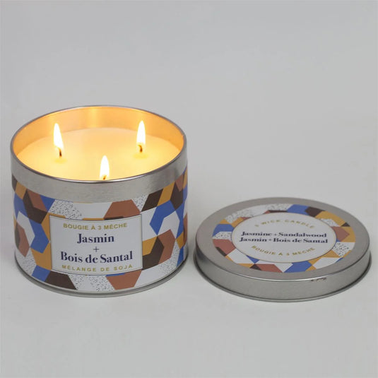 KG 3-Wick Tin Jasmin&Sandalwood Paraffin/Soy Blend Candle (Az)