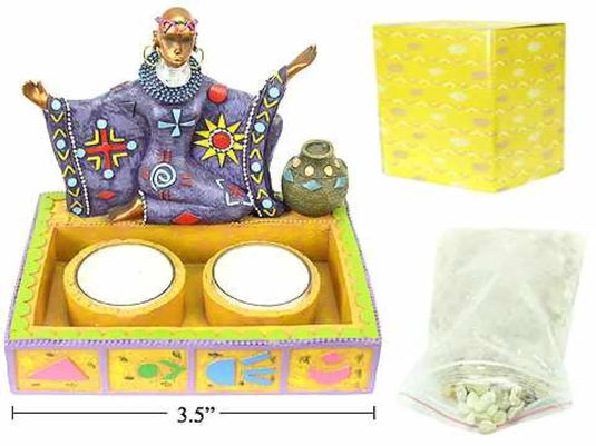 3.5"W Bronze African T-lite Holder, 2 T-lites + 1 bag of sand, c/bx