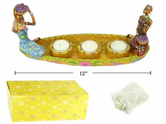 12"W Bronze African T-lite Holder, Boat, 3 T-lite+1 Bag Sand, cbx