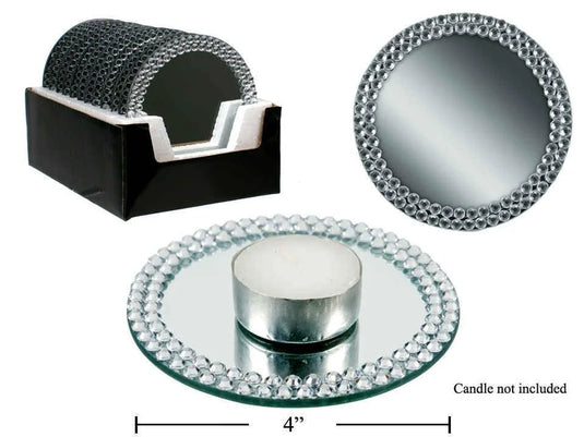 4"D Glass Mirror Candle Plate w/ Rhinestones