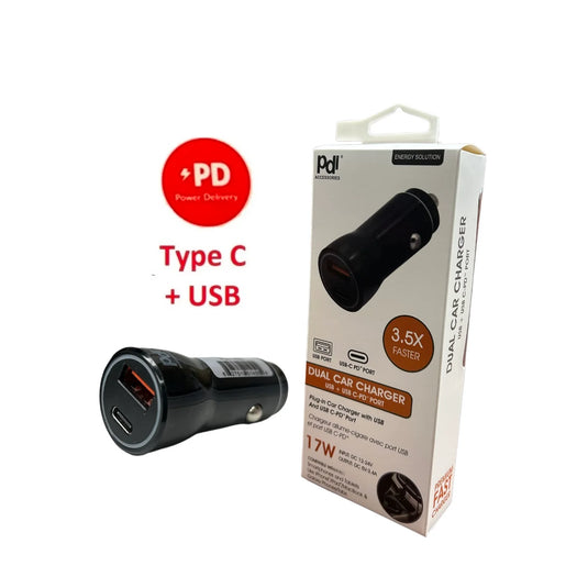 17W Type C + USB -Dual Car Charger - iPhone 12/13/14 Series Compatible