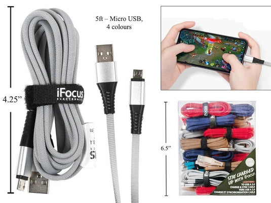 iFocus 5ft. Micro USB Data cable,Velcro strap. Bundle (HZ)