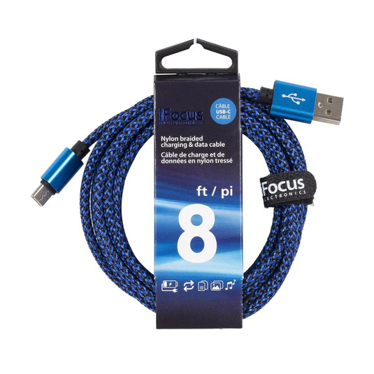 iFocus, 8 ft. USB-C data cable 2 tone Braided,4C,w/strap