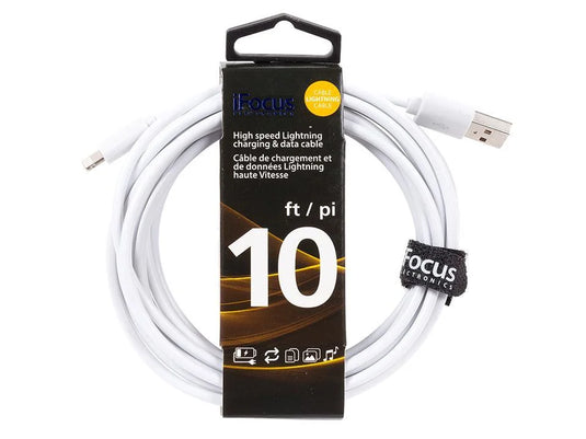 iFocus, 10 ft. Lightning data cable Syn Cbl, Wht,w/ strap
