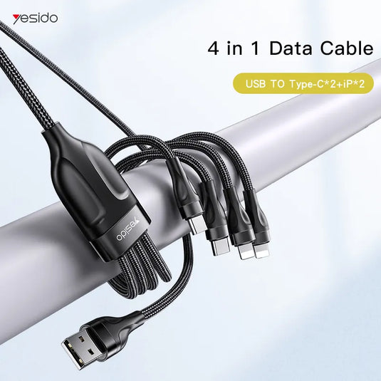 4 in 1 USB to 2 TC+ 2 IP Nylon Braided Wire Mobile Phone Charger Cable