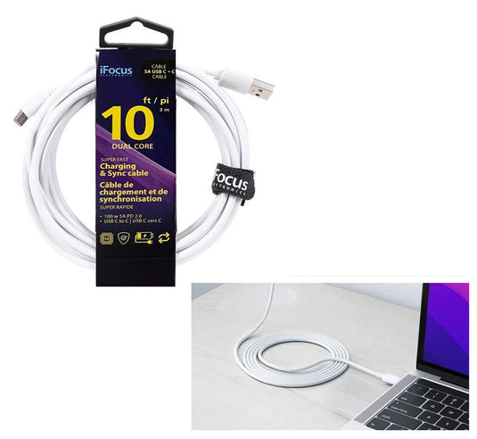iFocus, 10 ft. USB-C data cable Syn Cbl,Wht,w/ strap