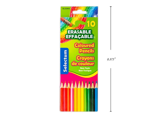 10 PC ERASABLE COLOURED PENCILS WITH MATCHING COLOR ERASER TOP/ PRE-SHARPENED