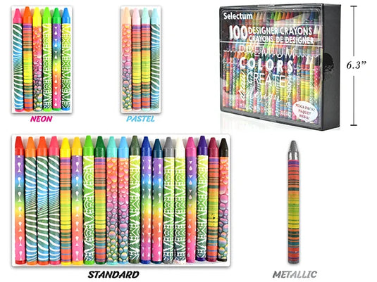 100 PCS DESIGNER PREMIUM CRAYONS MEGA PK /HANG TAB METALLIC, NEON, PASTEL, STANDARD