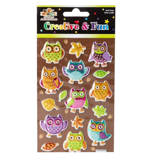 Woody's, 4" x 6" Puffy Stickers, Owls, pbh