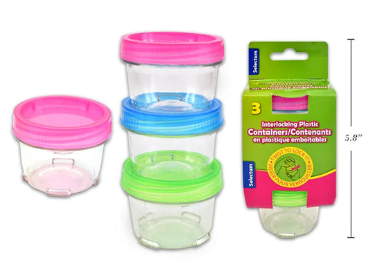 3 PC SET INTERLOCKING PLASTIC CONTAINERS W/LIDS ASSORTED LID COLOURS-STACKABLE