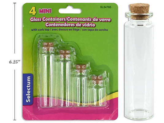 4 PC GLASS MINI CONTAINERS ASST SIZES W/CORK TOPS 22x35mm,22x50mm,22x70mm,22x80mm,7ml,10ml,15ml,20 ml