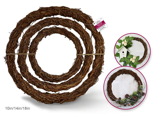Craft Decor Dried Naturals: 10"/14"18" Grapevine Wreath Set