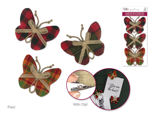Craft Decor: 6cmx7.4cm Burlap Butterflies x3 w/Clip + Burlap Ribbon B) Plaid