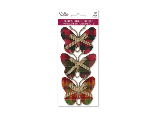 Craft Decor: 6cmx7.4cm Burlap Butterflies x3 w/Clip + Burlap Ribbon B) Plaid