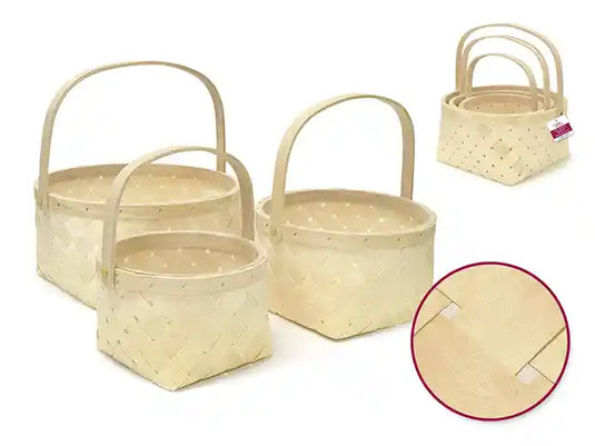Wood Basket Set: Natural w/Handle 3/set A) Round