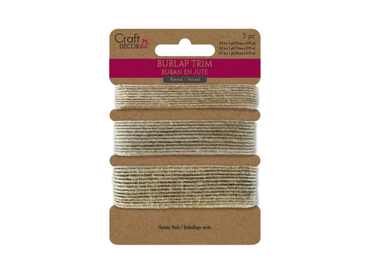Craft Décor Ribbons: Natural Burlap Trim Multi-Pack 3yds (1yd x 3) A) Stranded Trims