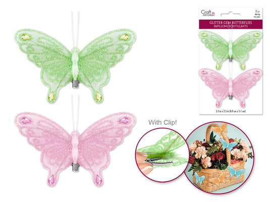 Craft Decor: 3.5"x2.5" Glitter Gem Butterflies x2 w/Clip A) Green/Pink