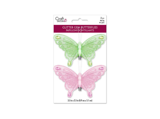 Craft Decor: 3.5"x2.5" Glitter Gem Butterflies x2 w/Clip A) Green/Pink