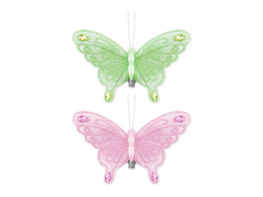 Craft Decor: 3.5"x2.5" Glitter Gem Butterflies x2 w/Clip A) Green/Pink