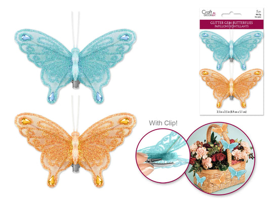 Craft Decor: 3.5"x2.5" Glitter Gem Butterflies x2 w/Clip B) Blue/Orange